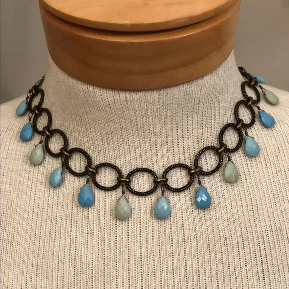 Premier Designs Caribbean Antique Goldtone - Bronze Chain Necklace Blue Beads